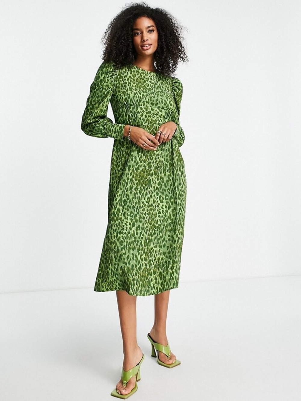 Vila Green Leopard Print Long Sleeve Empire Waist Dress Small